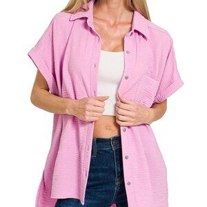 Zenana Woven Airflow Button Down Shirt - Mauve